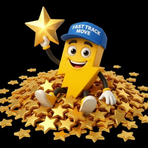 Fast Track Move mascot surrounded by gold stars